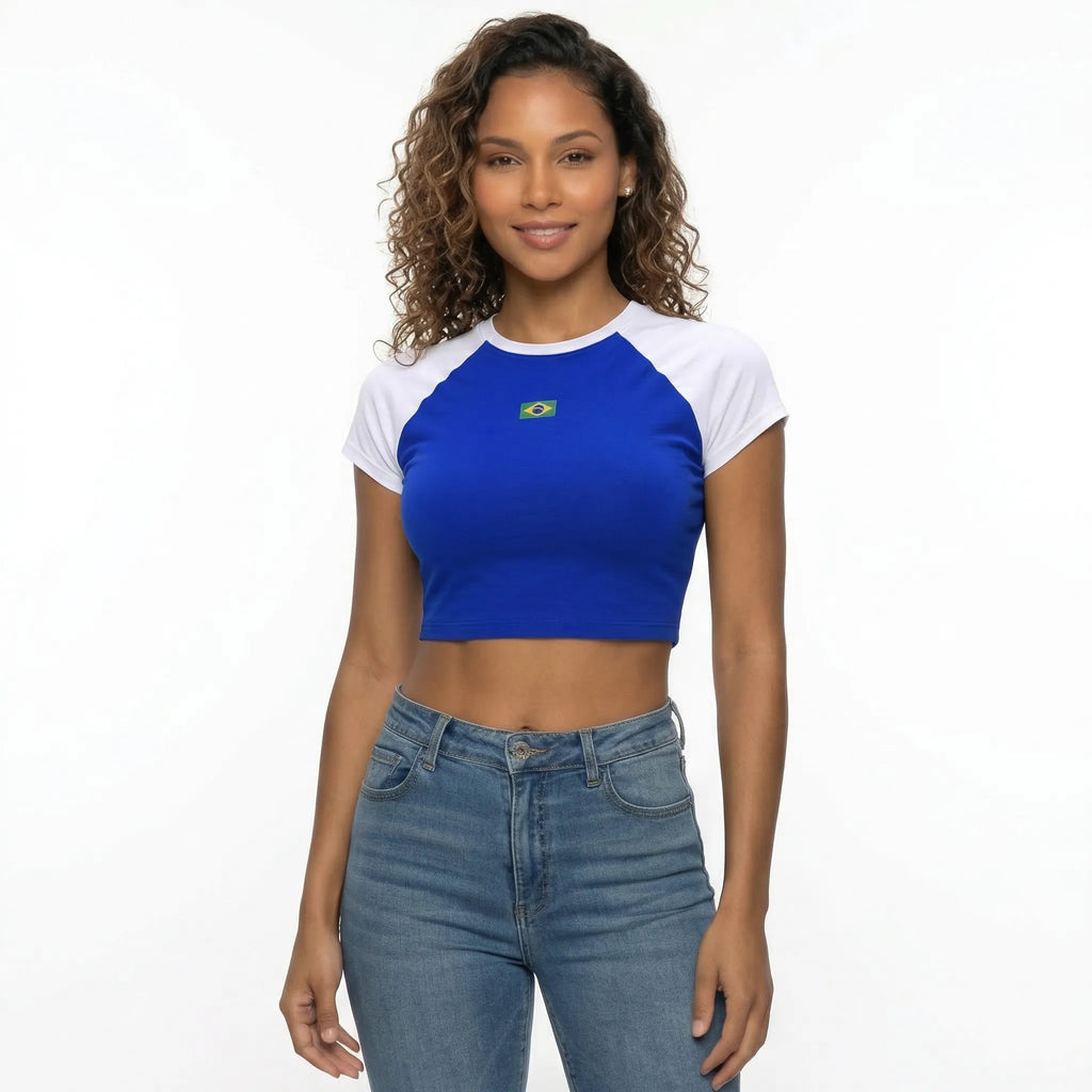 Cropped brasil baby look suplex azul com bandeira bordada feminino — VAI DAR BRASIL Copa 2026