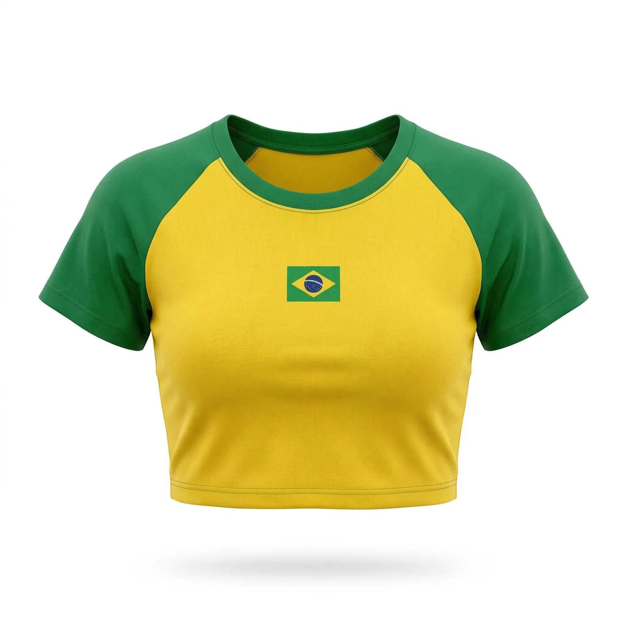 Cropped brasil baby look suplex verde amarelo com bandeira bordada feminino — VAI DAR BRASIL Copa 2026