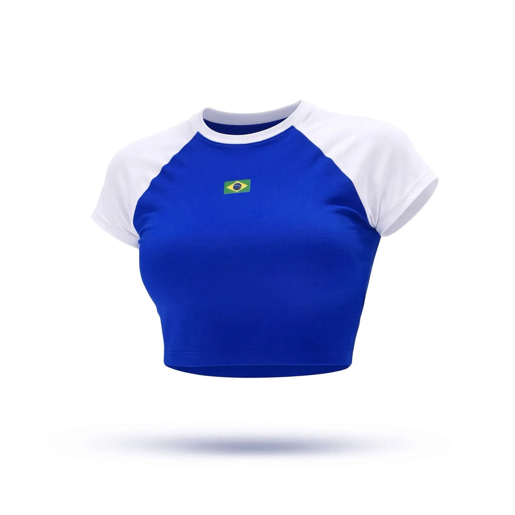 Cropped brasil baby look suplex azul com bandeira bordada feminino — VAI DAR BRASIL Copa 2026