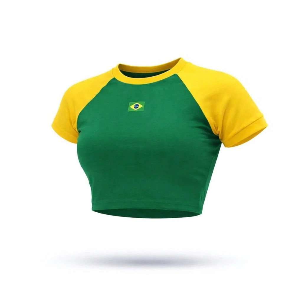 Cropped Brasil Bandeira Bordada Baby Look Suplex Feminino | VAI DAR BRASIL