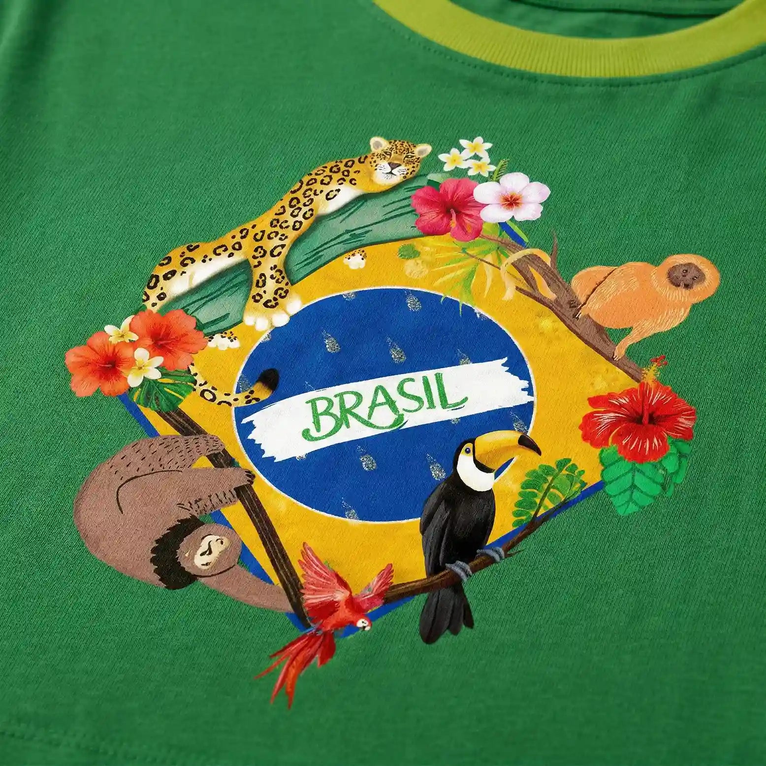 Vista estampa do cropped oversized Brasil feminino algodão premium — estampa bandeira estilizada verde azul amarelo