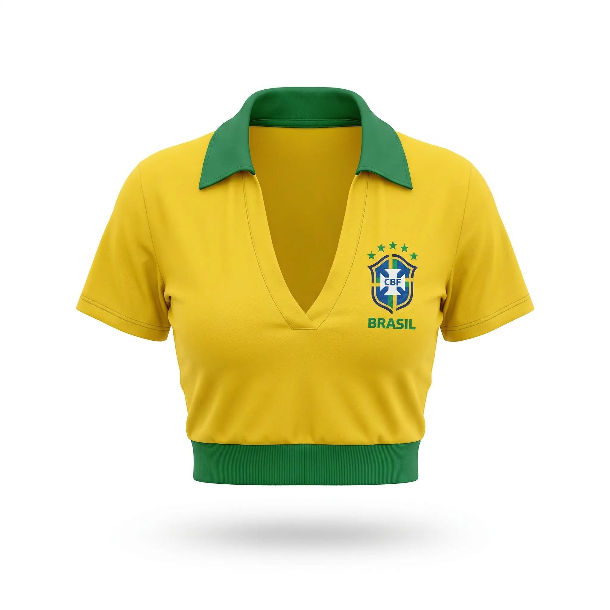 Cropped colarinho bojo brasil suplex baby look amarela com bandeira estilizada feminino — VAI DAR BRASIL Copa 2026