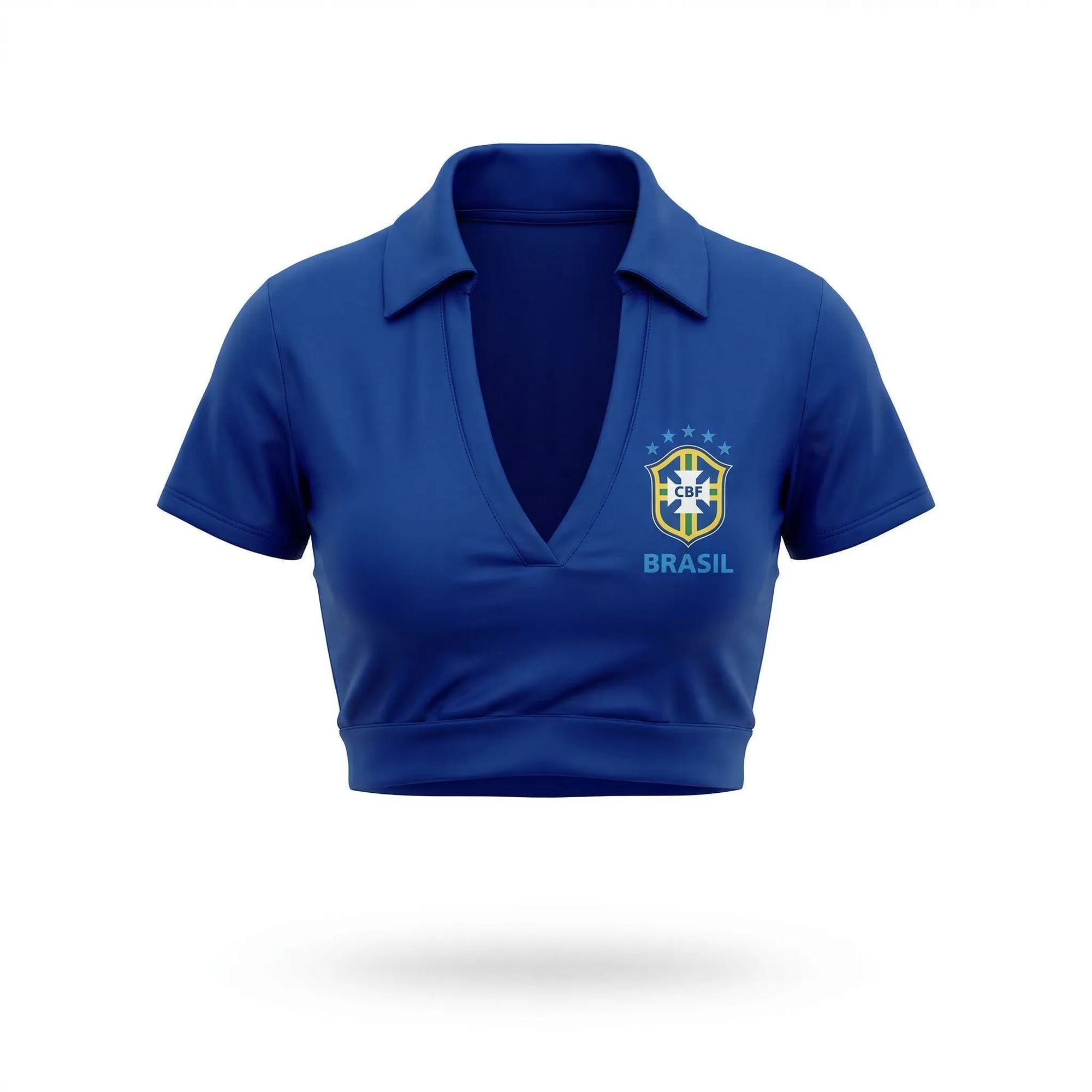 Cropped colarinho bojo brasil suplex baby look azul com bandeira estilizada feminino — VAI DAR BRASIL Copa 2026