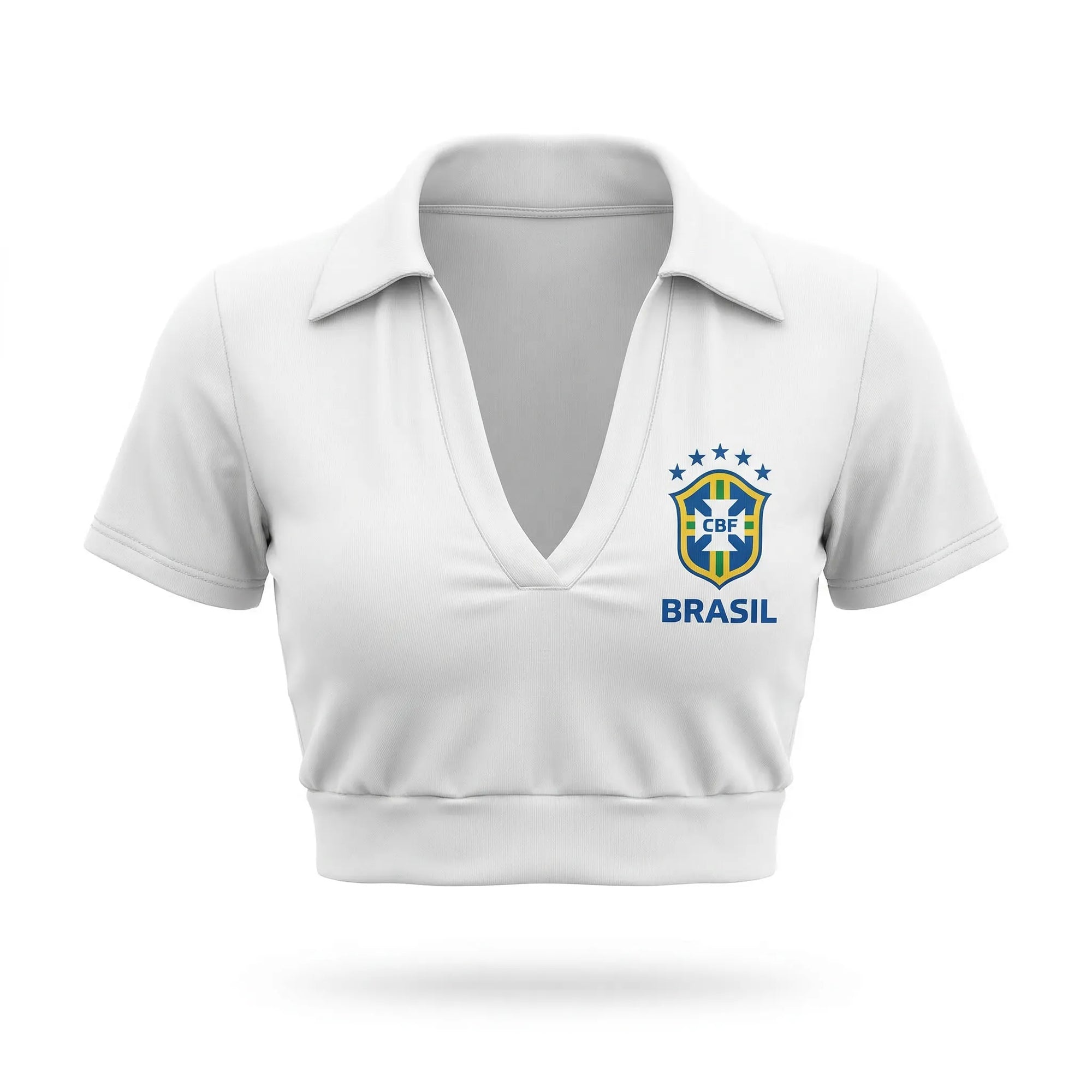 Cropped colarinho bojo brasil suplex baby look branco com bandeira estilizada feminino — VAI DAR BRASIL Copa 2026