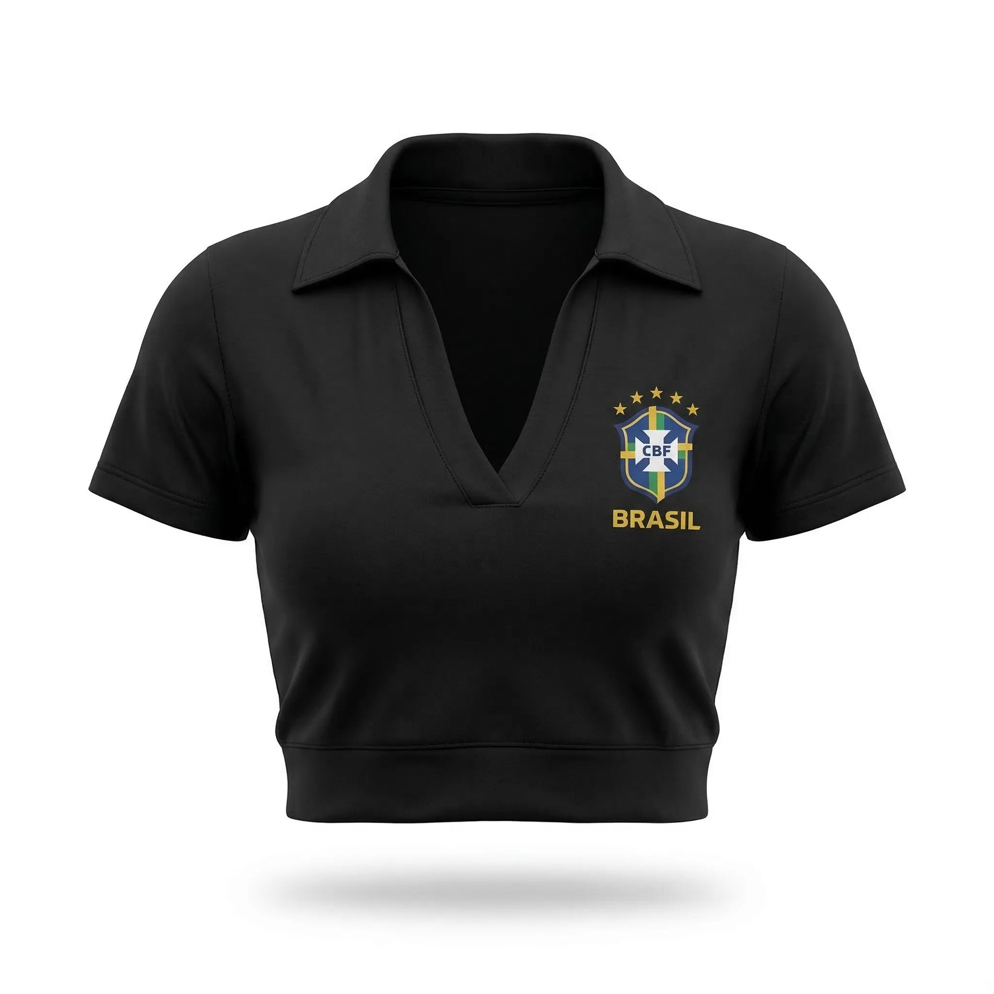 Cropped colarinho bojo brasil suplex baby look preto com bandeira estilizada feminino — VAI DAR BRASIL Copa 2026