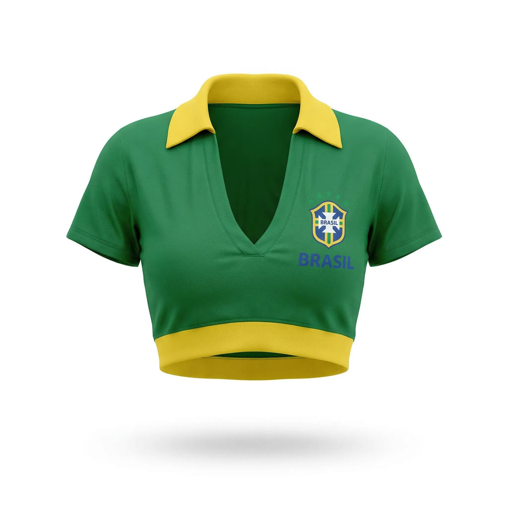 Cropped colarinho bojo brasil suplex baby look verde com bandeira estilizada feminino — VAI DAR BRASIL Copa 2026