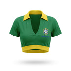 Cropped colarinho bojo brasil suplex baby look verde com bandeira estilizada feminino — VAI DAR BRASIL Copa 2026