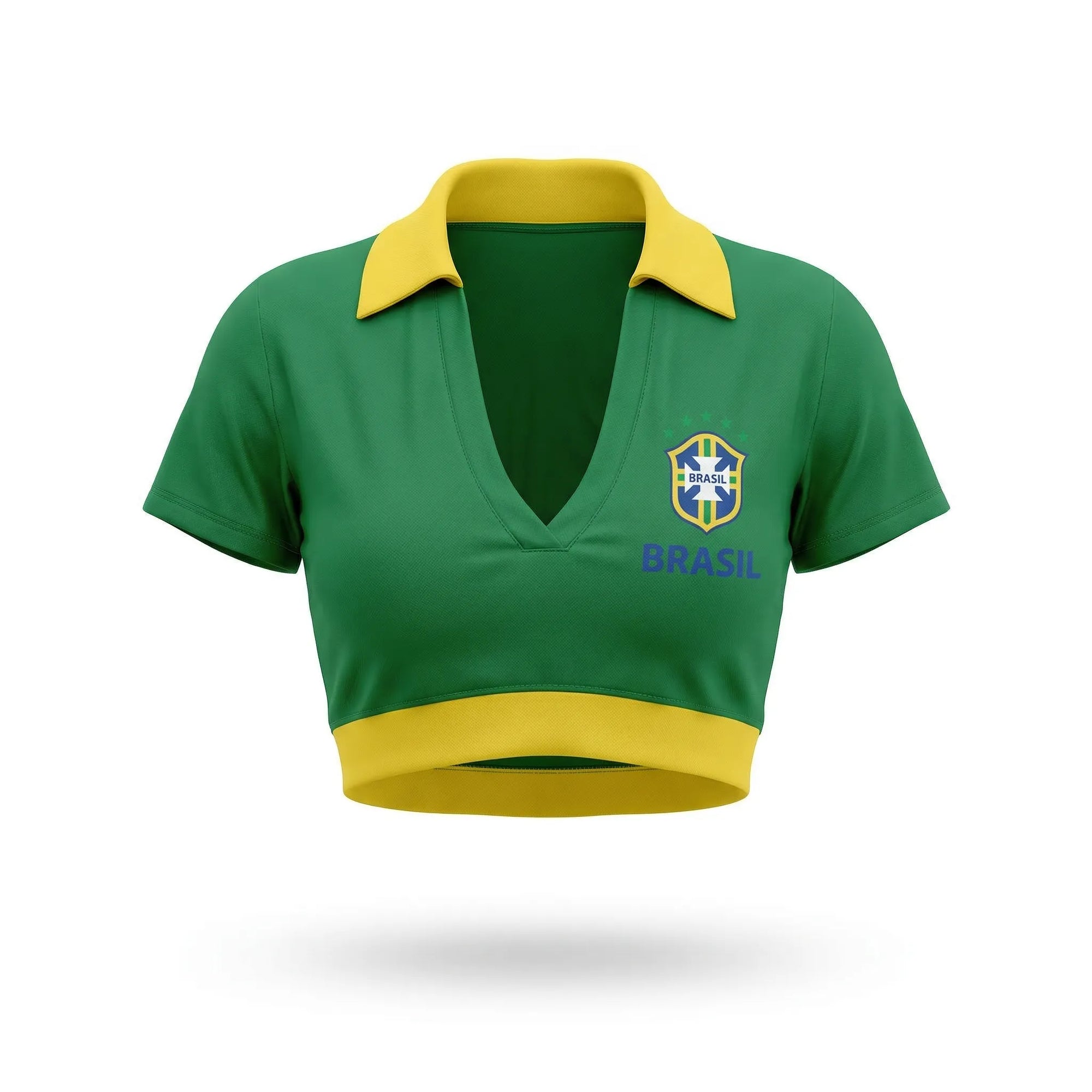 Cropped colarinho bojo brasil suplex baby look verde com bandeira estilizada feminino — VAI DAR BRASIL Copa 2026
