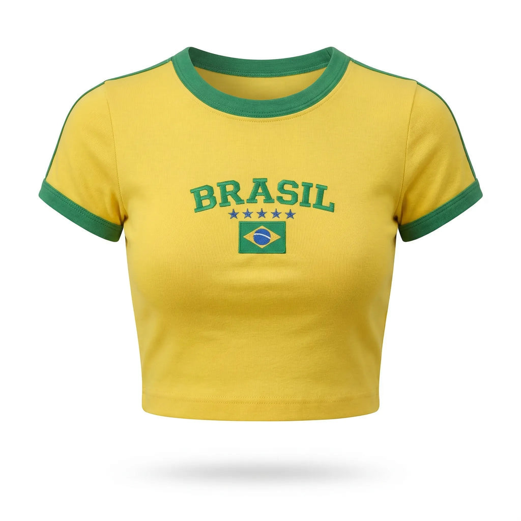 Cropped brasil canelado manga curta bordado baby tee amarelo feminino — VAI DAR BRASIL Copa 2026