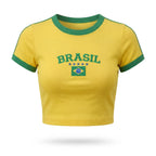 Cropped brasil canelado manga curta bordado baby tee amarelo feminino — VAI DAR BRASIL Copa 2026