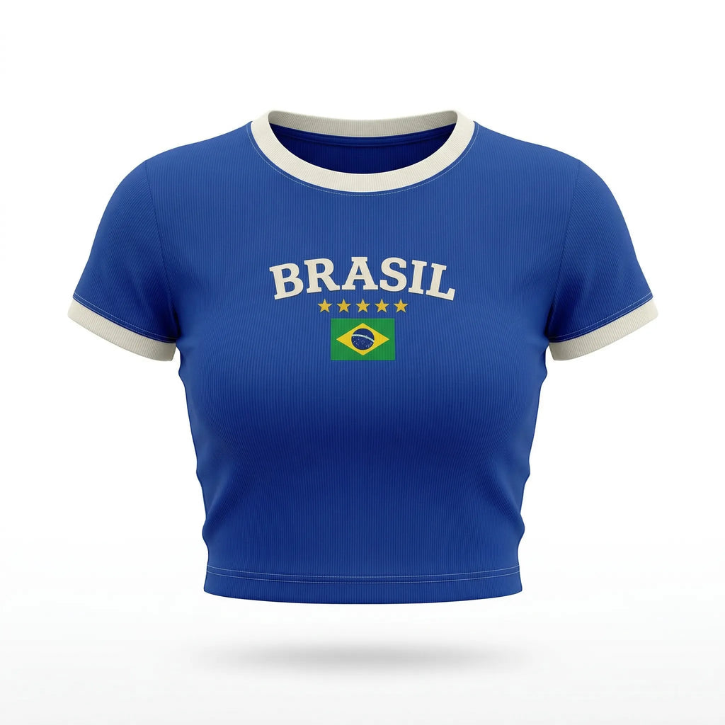 Cropped brasil canelado manga curta bordado baby tee azul feminino — VAI DAR BRASIL Copa 2026