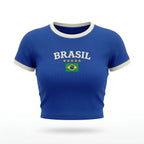 Cropped brasil canelado manga curta bordado baby tee azul feminino — VAI DAR BRASIL Copa 2026