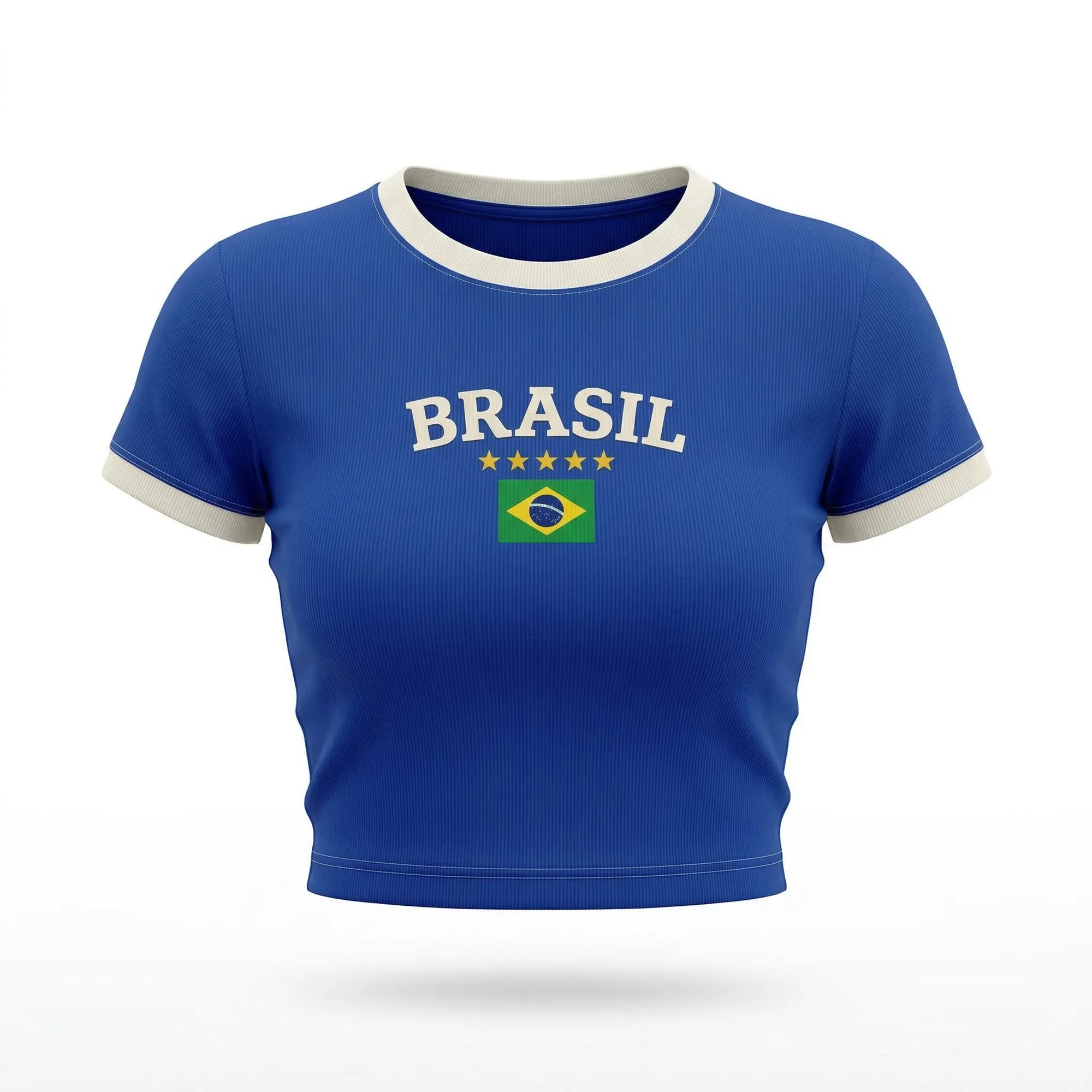Cropped brasil canelado manga curta bordado baby tee azul feminino — VAI DAR BRASIL Copa 2026