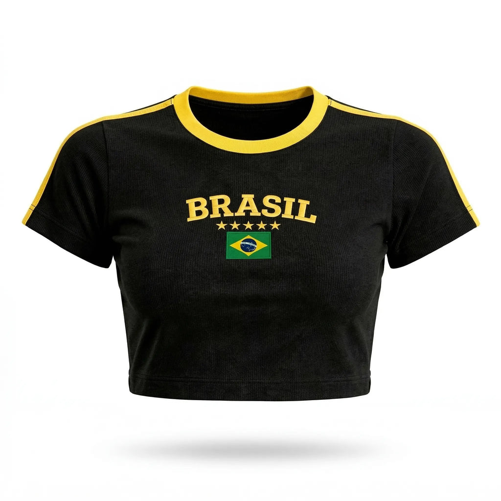 Cropped brasil canelado manga curta bordado baby tee preto feminino — VAI DAR BRASIL Copa 2026