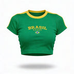 Cropped brasil canelado manga curta bordado baby tee verde feminino — VAI DAR BRASIL Copa 2026