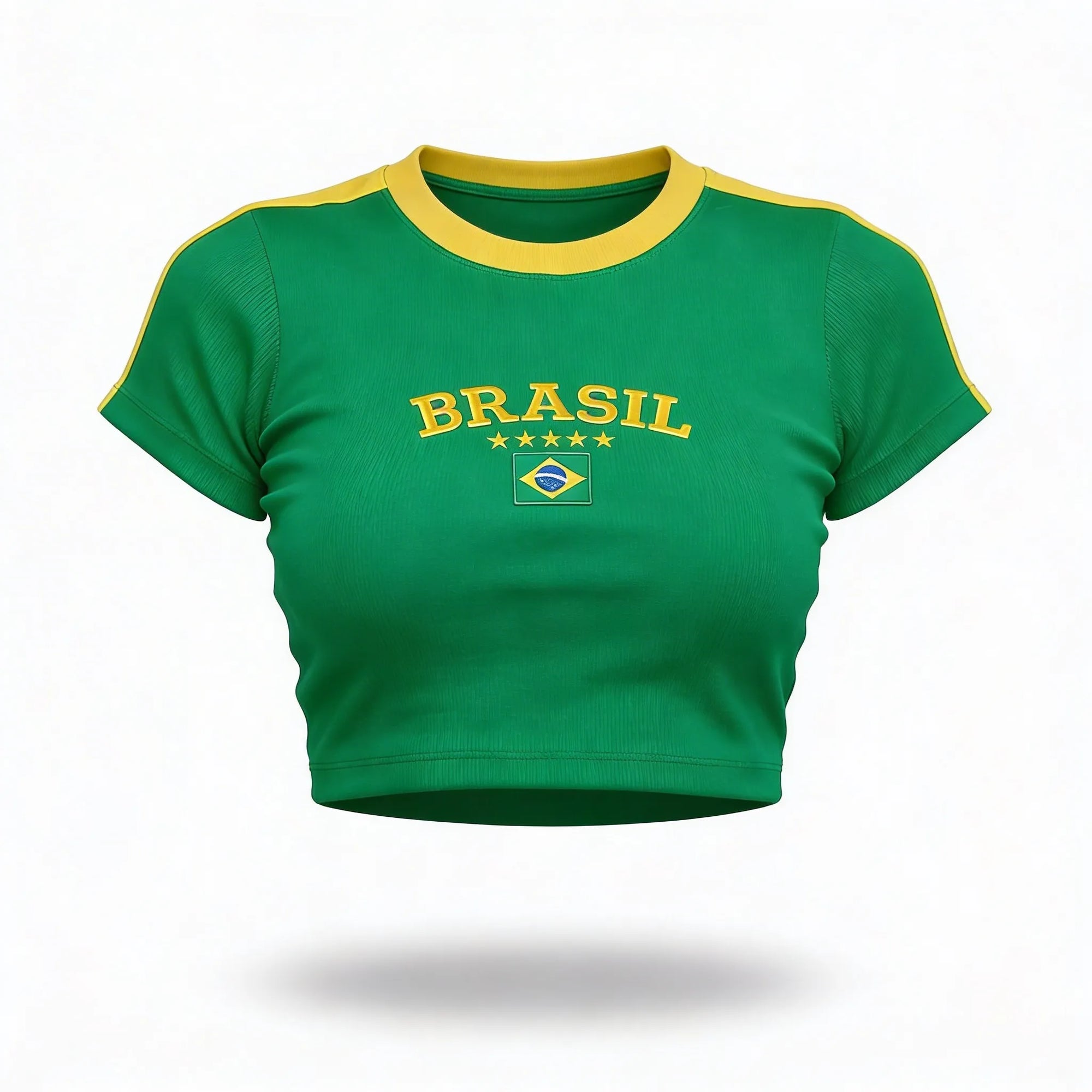 Cropped brasil canelado manga curta bordado baby tee verde feminino — VAI DAR BRASIL Copa 2026