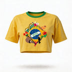 Cropped feminino oversized verde amarelo estampa bandeira do Brasil — vista frontal amarela — VAI DAR BRASIL Copa 2026