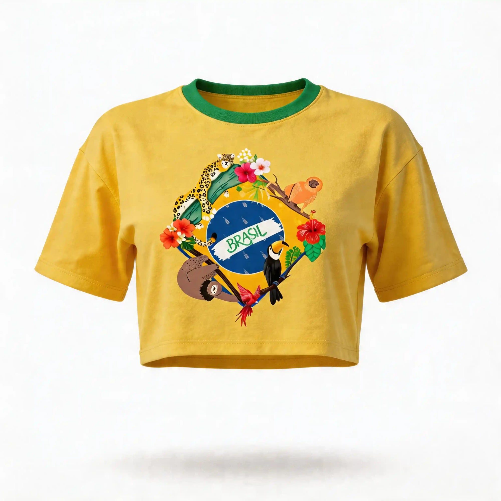 Cropped feminino oversized verde amarelo estampa bandeira do Brasil — vista frontal amarela — VAI DAR BRASIL Copa 2026