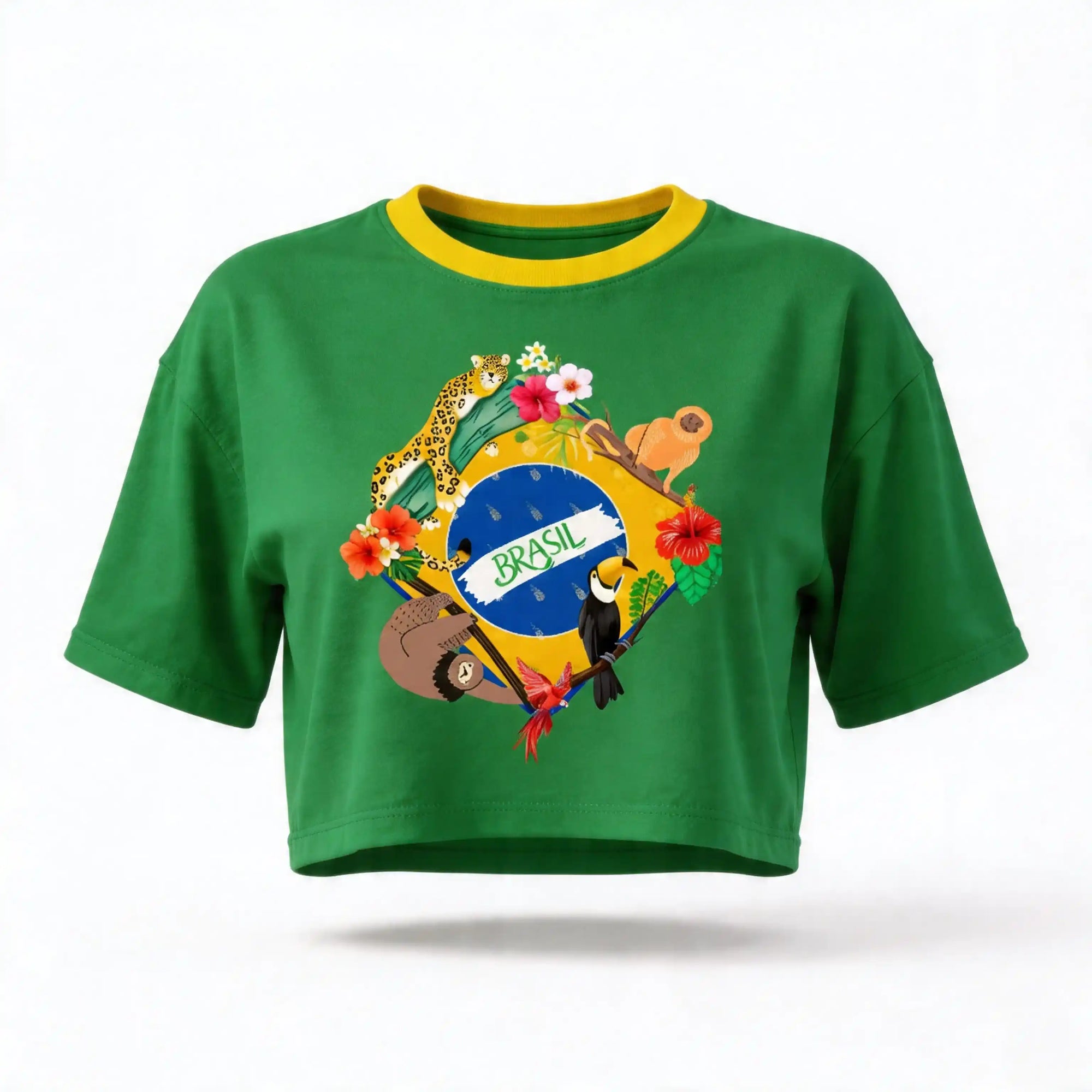 Cropped feminino oversized verde amarelo estampa bandeira do Brasil — vista frontal verde — VAI DAR BRASIL Copa 2026