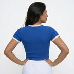 Vista traseira cropped brasil ribana canelada manga curta feminino VAI DAR BRASIL — textura nervurada Copa 2026