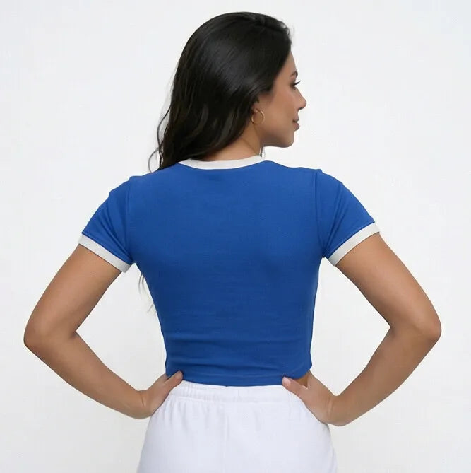 Vista traseira cropped brasil ribana canelada manga curta feminino VAI DAR BRASIL — textura nervurada Copa 2026