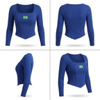 Vista traseira cropped canelado bordado brasil manga longa slim verde azul amarelo — caimento Copa 2026 VAI DAR BRASIL
