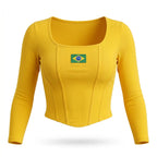 Cropped canelado bordado brasil manga longa slim amarelo — vista frontal — VAI DAR BRASIL Copa 2026 elegante