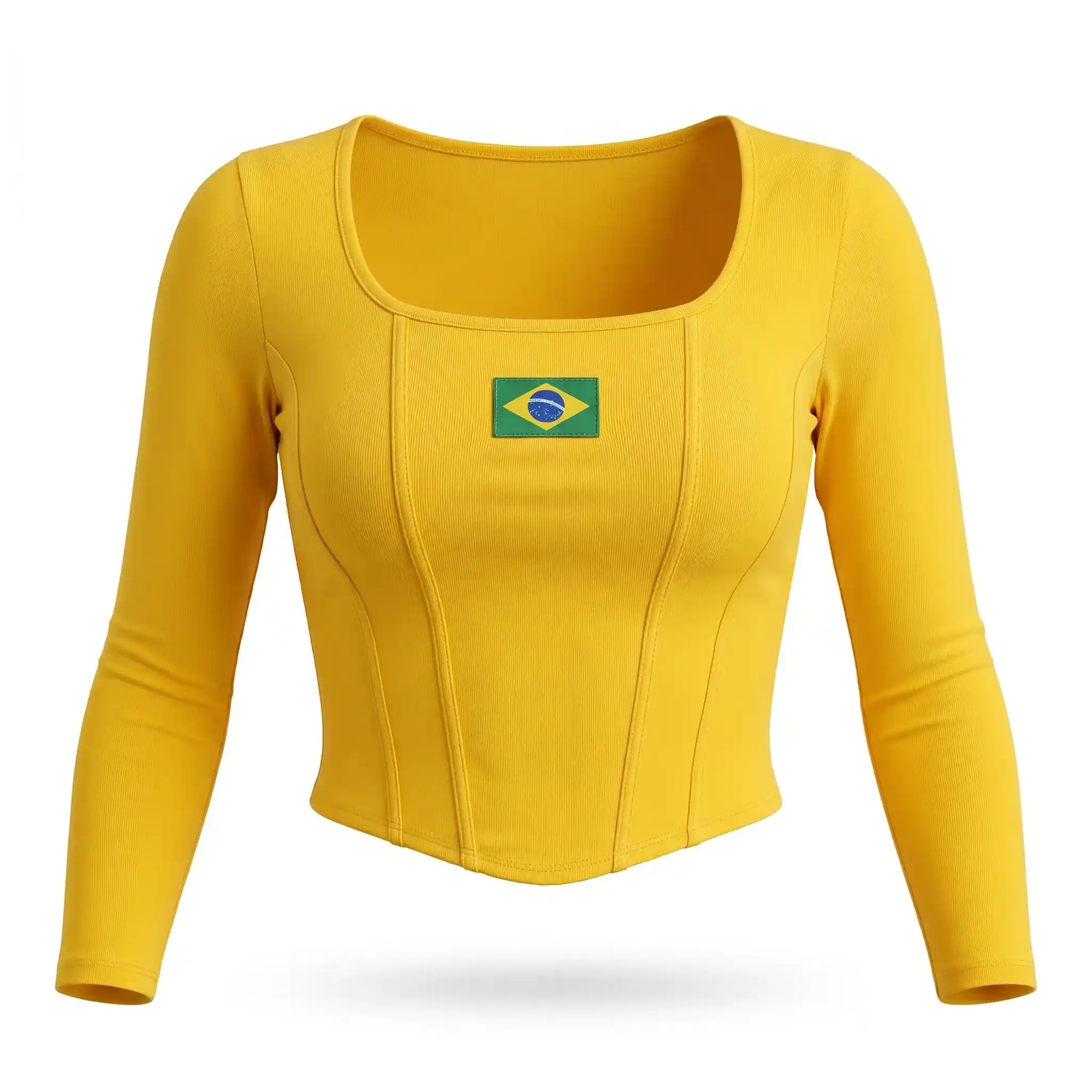 Cropped canelado bordado brasil manga longa slim amarelo — vista frontal — VAI DAR BRASIL Copa 2026 elegante