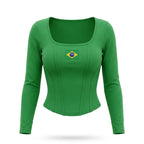 Cropped canelado bordado brasil manga longa slim verde — vista frontal — VAI DAR BRASIL Copa 2026 elegante