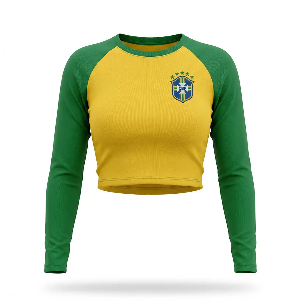Cropped manga longa brasil ribana canelada slim amarela logo seleção feminino — VAI DAR BRASIL Copa 2026