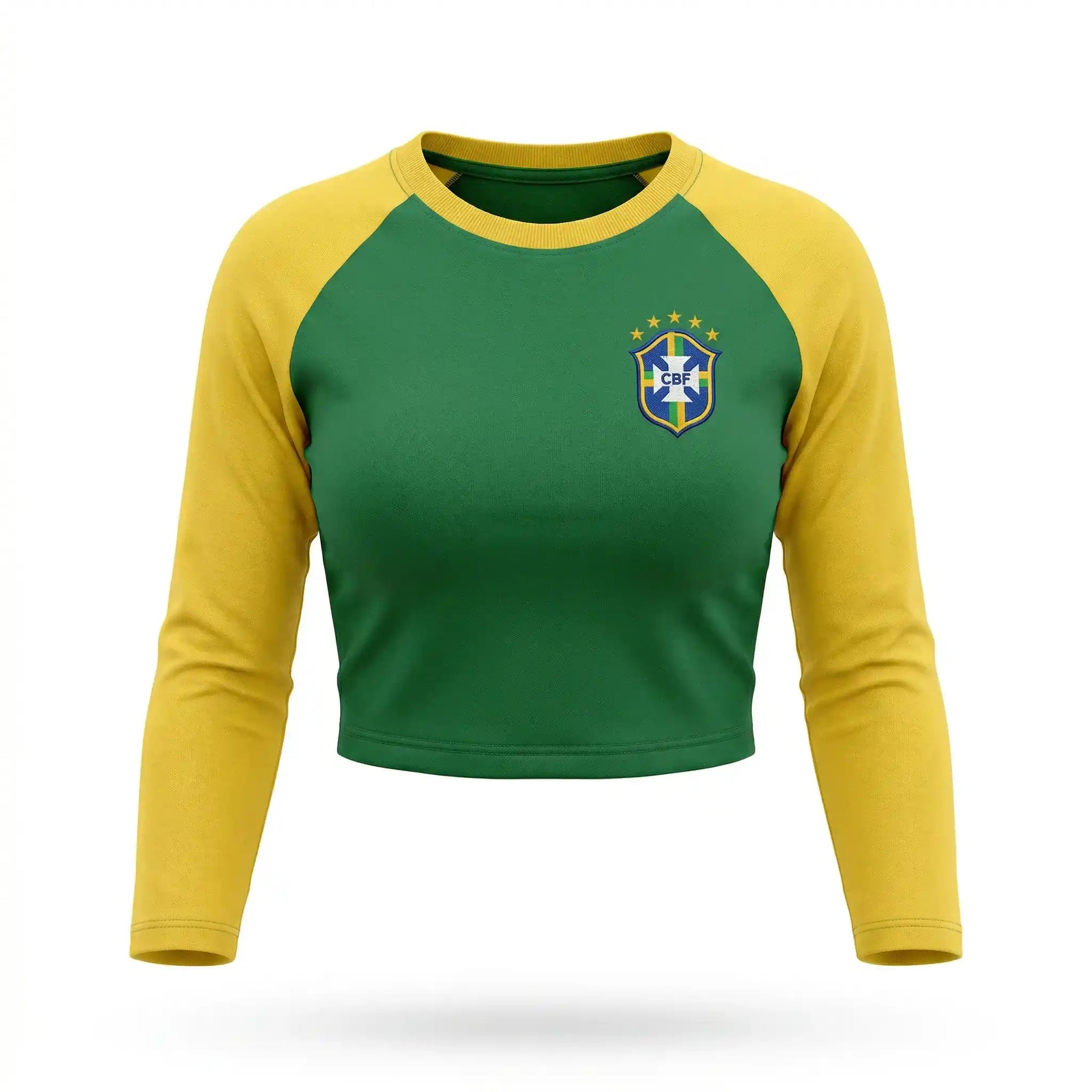 Cropped manga longa brasil ribana canelada slim verde logo seleção feminino — VAI DAR BRASIL Copa 2026