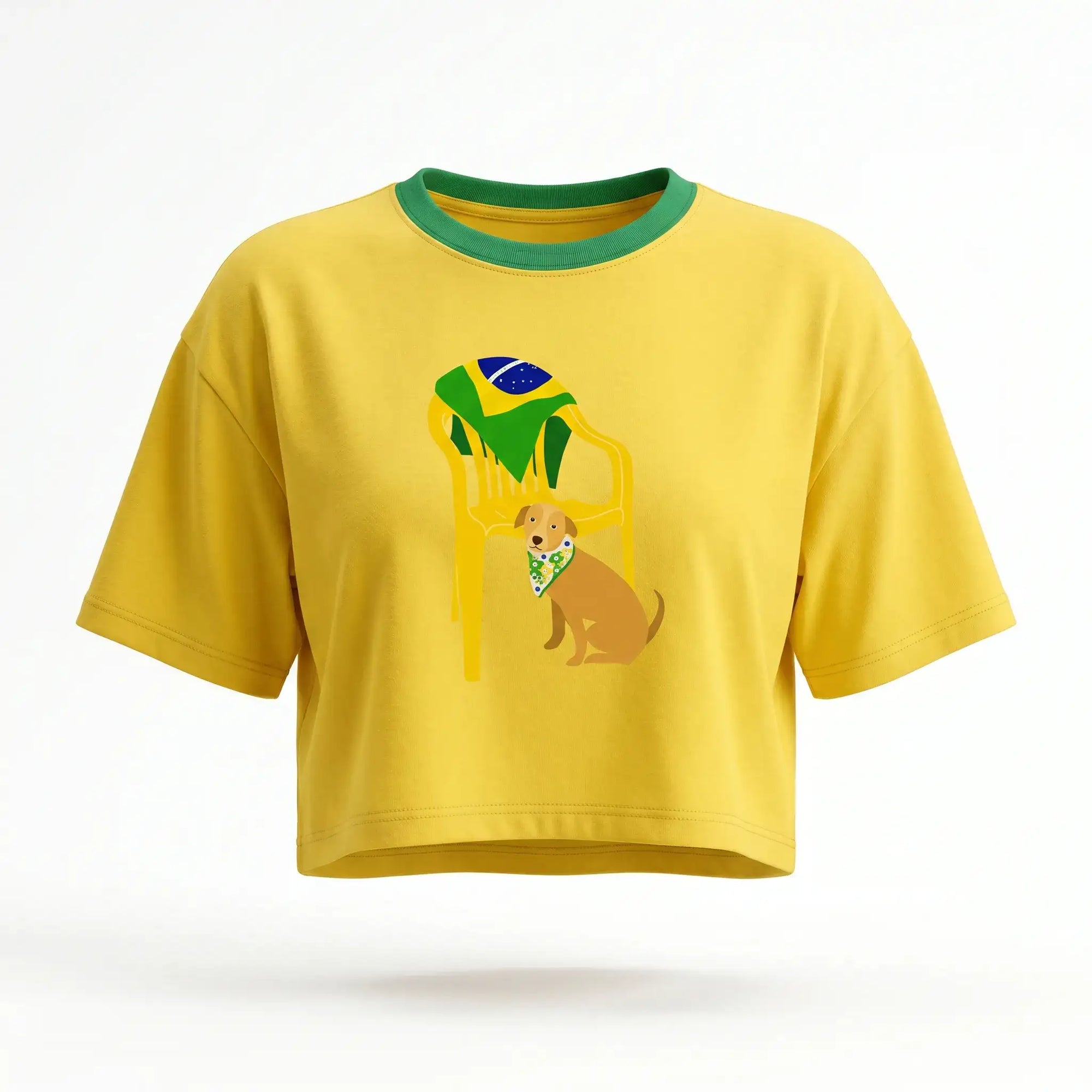 Cropped feminino oversized estampa cachorro caramelo e bandeira do Brasil — vista frontal amarelo — VAI DAR BRASIL Copa 2026