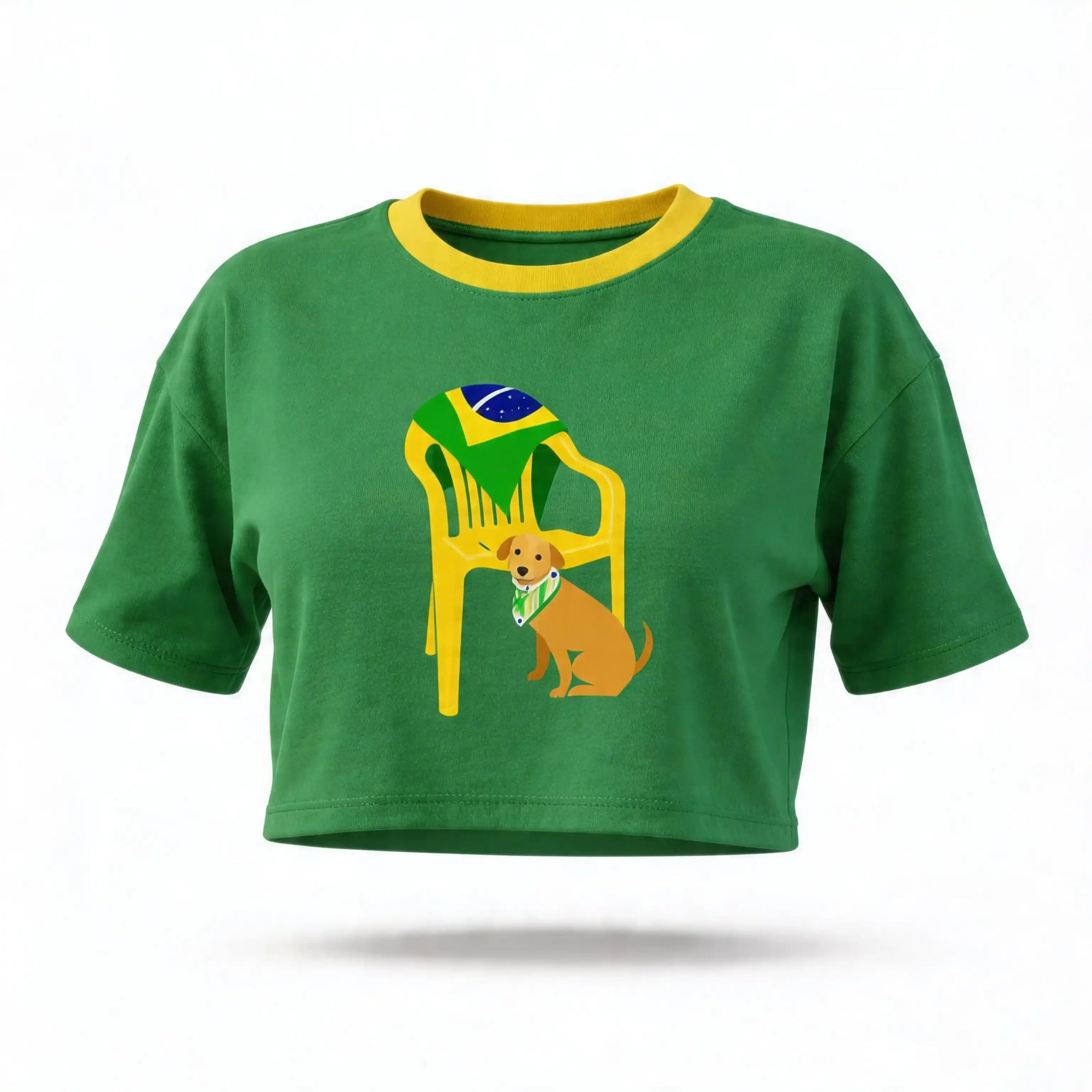 Cropped feminino oversized estampa cachorro caramelo e bandeira do Brasil — vista frontal verde — VAI DAR BRASIL Copa 2026