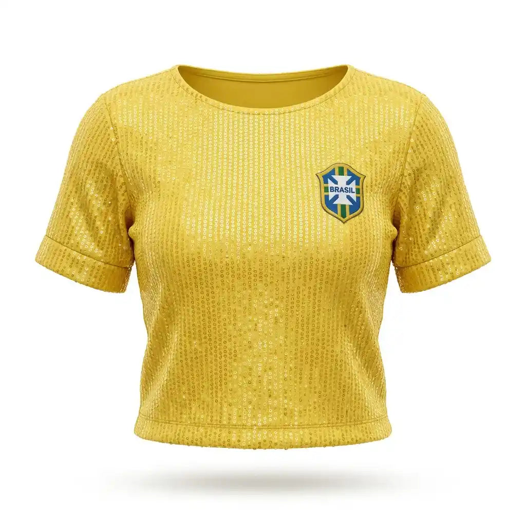 Cropped Paetê Brasil ✦ Brasão Brilhante Glamour Copa | VAI DAR BRASIL