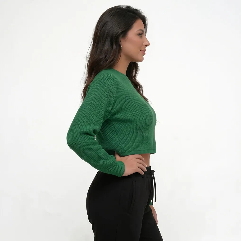 Vista lateral cropped tricô lã manga longa oversized brasil verde amarelo cinza — caimento Copa 2026 VAI DAR BRASIL