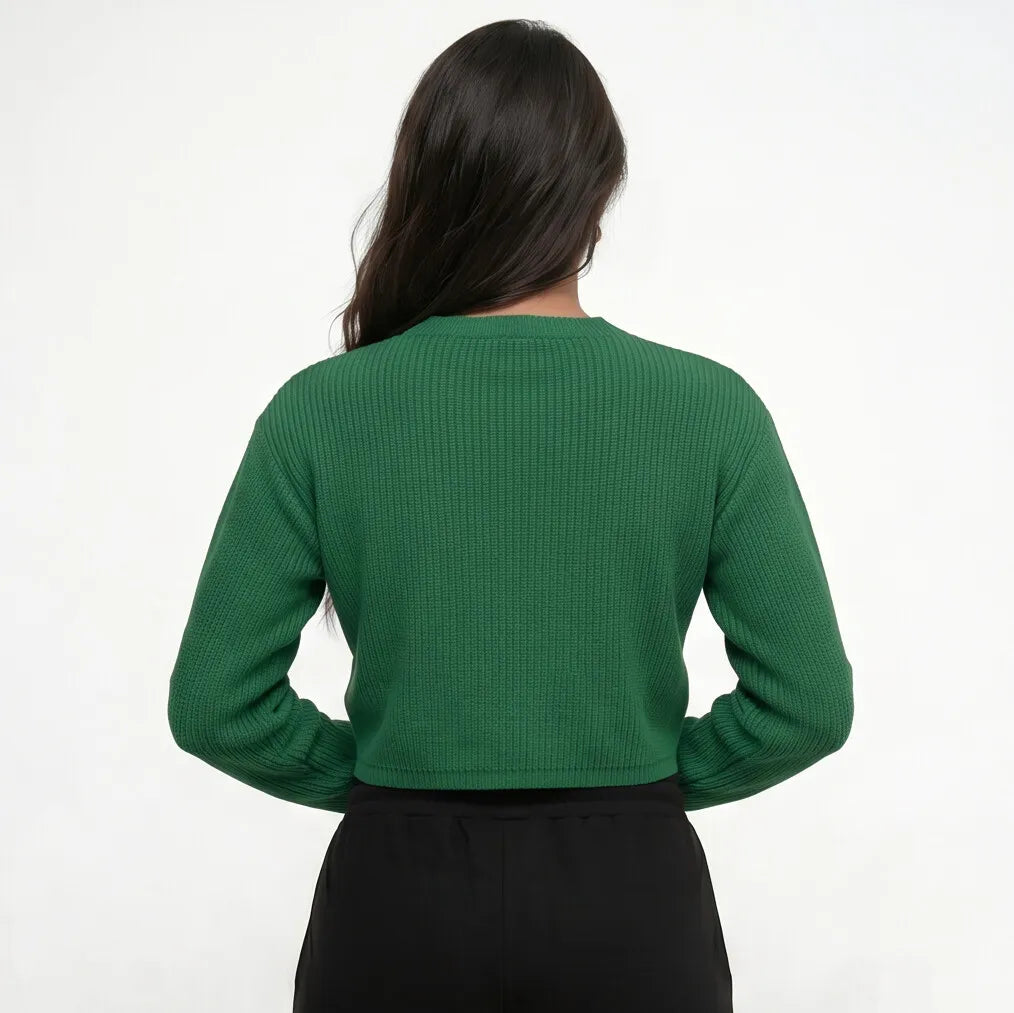Vista traseira cropped tricô lã manga longa oversized brasil verde amarelo cinza — caimento Copa 2026 VAI DAR BRASIL