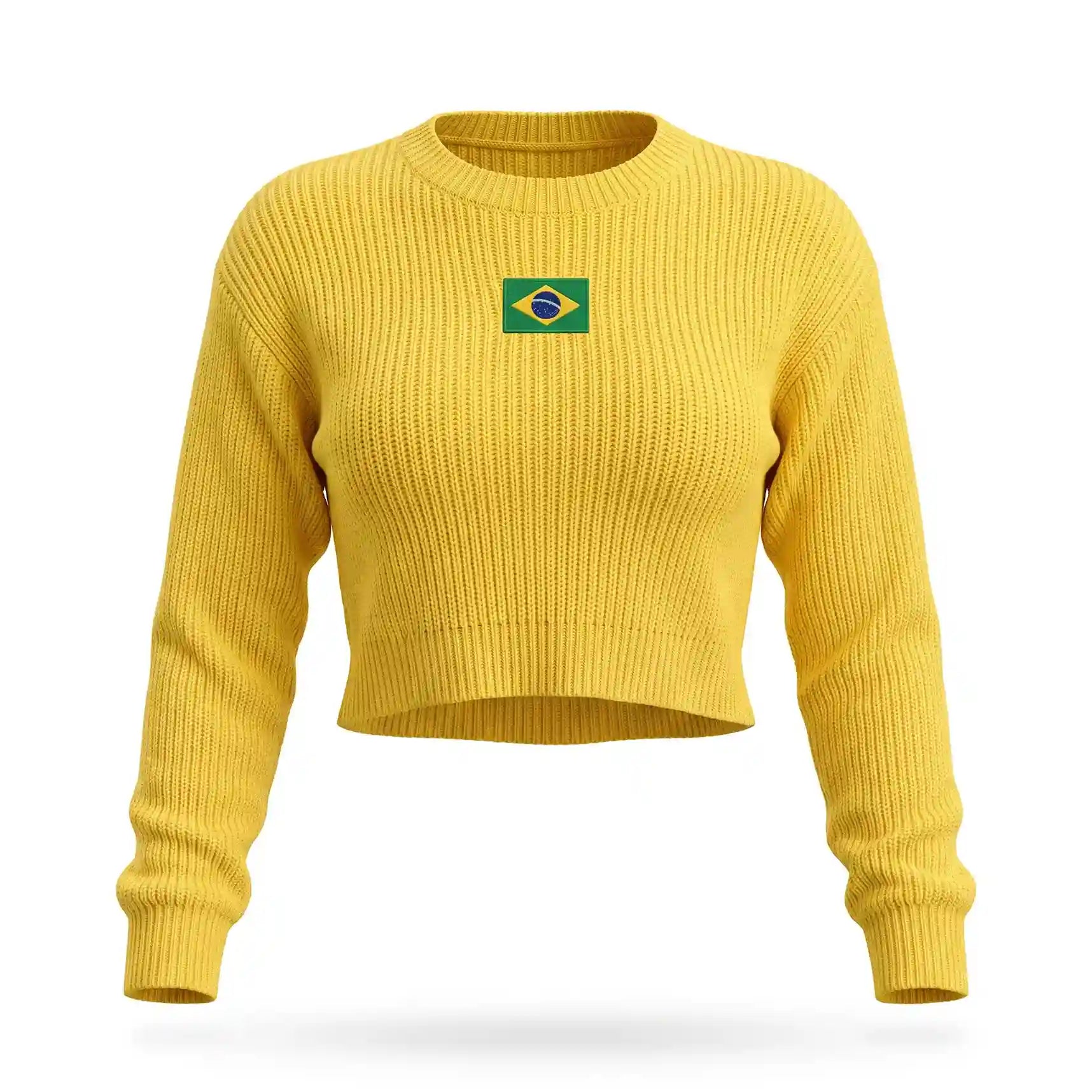 Cropped tricô lã feminino manga longa oversized brasil amarelo — vista frontal — VAI DAR BRASIL Copa 2026