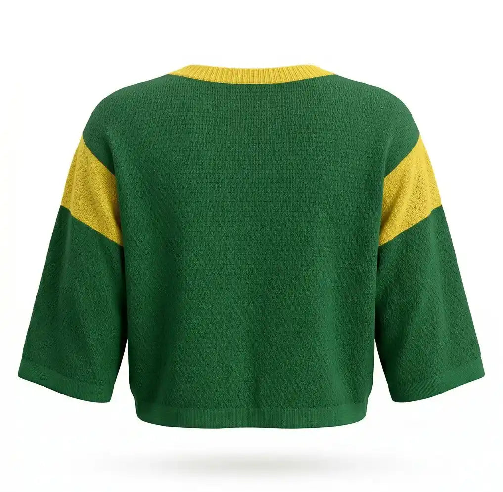 Vista traseira cropped tricot feminino manga ¾ oversized brasil verde amarelo — caimento elegante Copa 2026 VAI DAR BRASIL