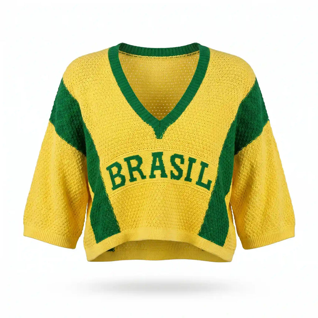 Cropped tricot feminino manga ¾ oversized amarelo BRASIL frontal — vista frente — VAI DAR BRASIL Copa 2026 elegante