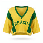 Cropped tricot feminino manga ¾ oversized amarelo BRASIL frontal — vista frente — VAI DAR BRASIL Copa 2026 elegante