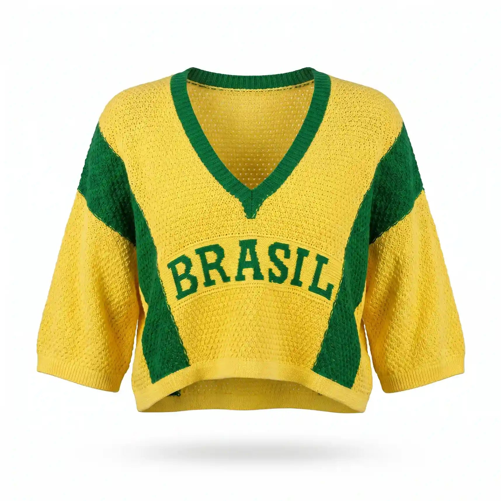 Cropped tricot feminino manga ¾ oversized amarelo BRASIL frontal — vista frente — VAI DAR BRASIL Copa 2026 elegante