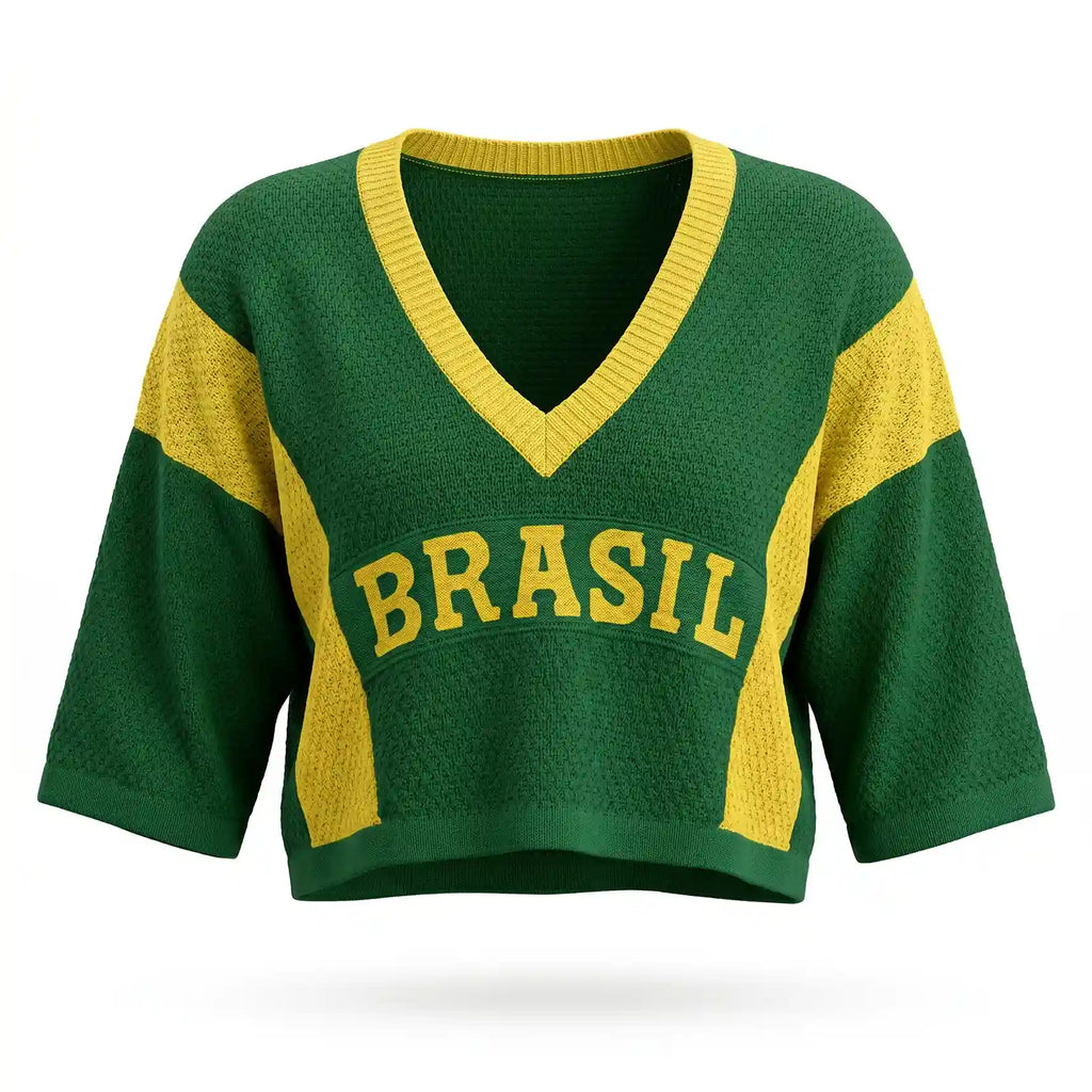 Cropped tricot feminino manga ¾ oversized verde BRASIL frontal — vista frente — VAI DAR BRASIL Copa 2026 elegante