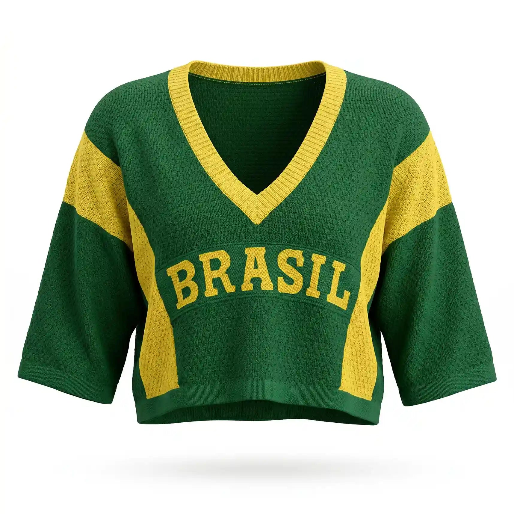 Cropped tricot feminino manga ¾ oversized verde BRASIL frontal — vista frente — VAI DAR BRASIL Copa 2026 elegante