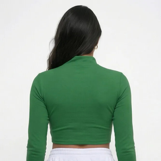 Vista traseira cropped zipper cbf brasil suplex slim verde feminino VAI DAR BRASIL — academia Copa 2026