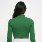 Vista traseira cropped zipper cbf brasil suplex slim verde feminino VAI DAR BRASIL — academia Copa 2026