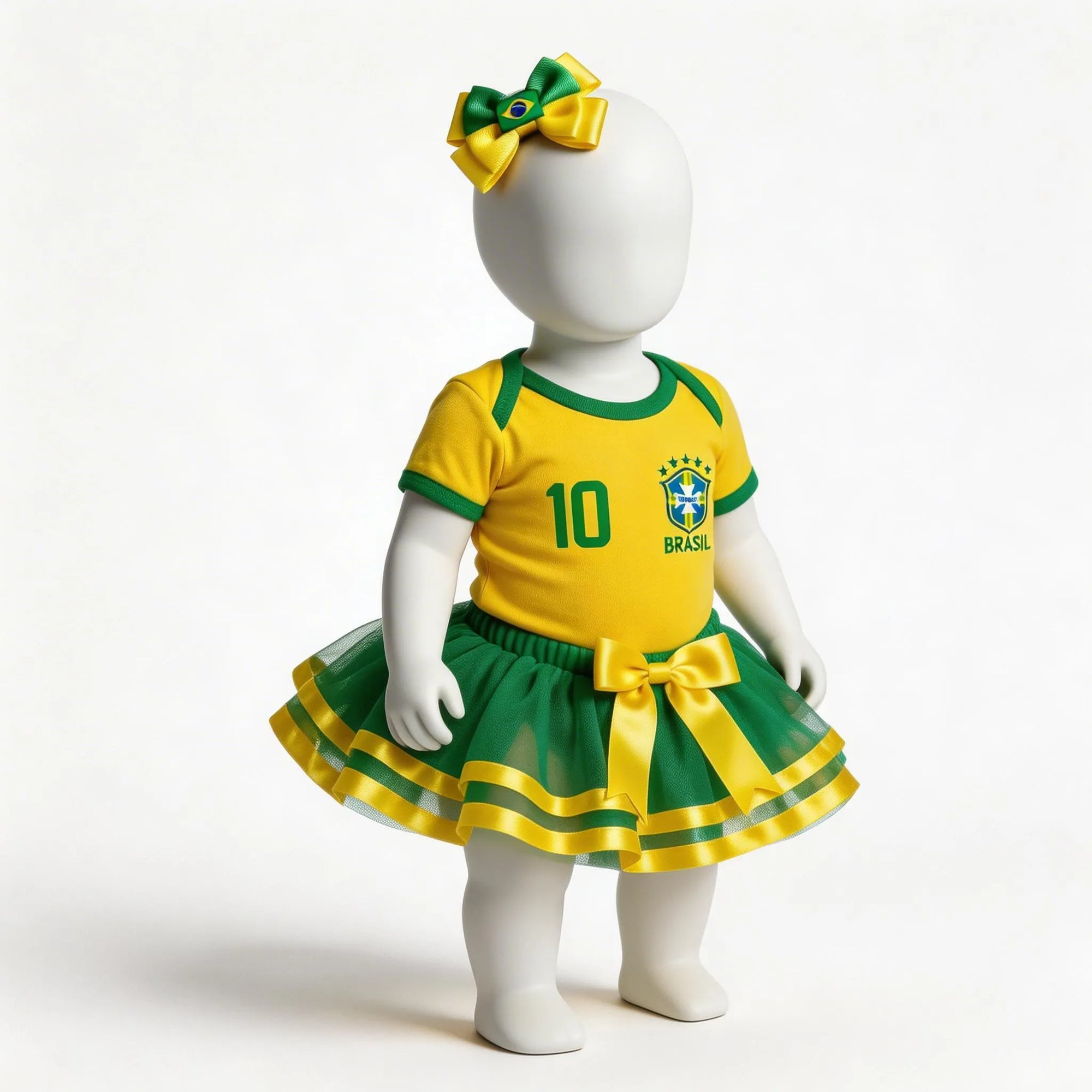 Kit body bebê brasil 3 peças body saia laço amarelo feminino infantil — VAI DAR BRASIL Copa 2026