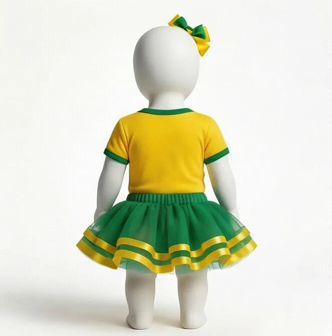 Vista traseira kit body bebê brasil saia laço amarelo feminino VAI DAR BRASIL — infantil Copa 2026