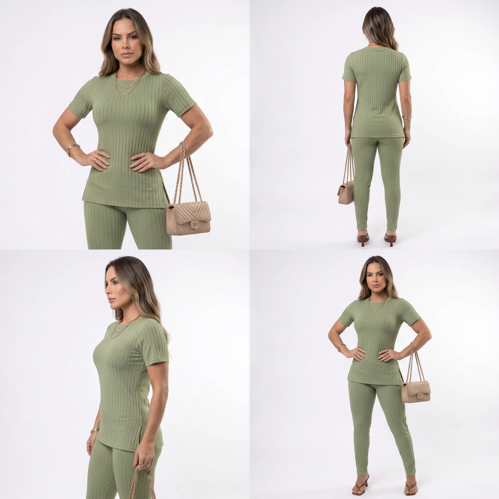 Conjunto Feminino Canelado Blusa e Calça com Fenda Lateral Premium