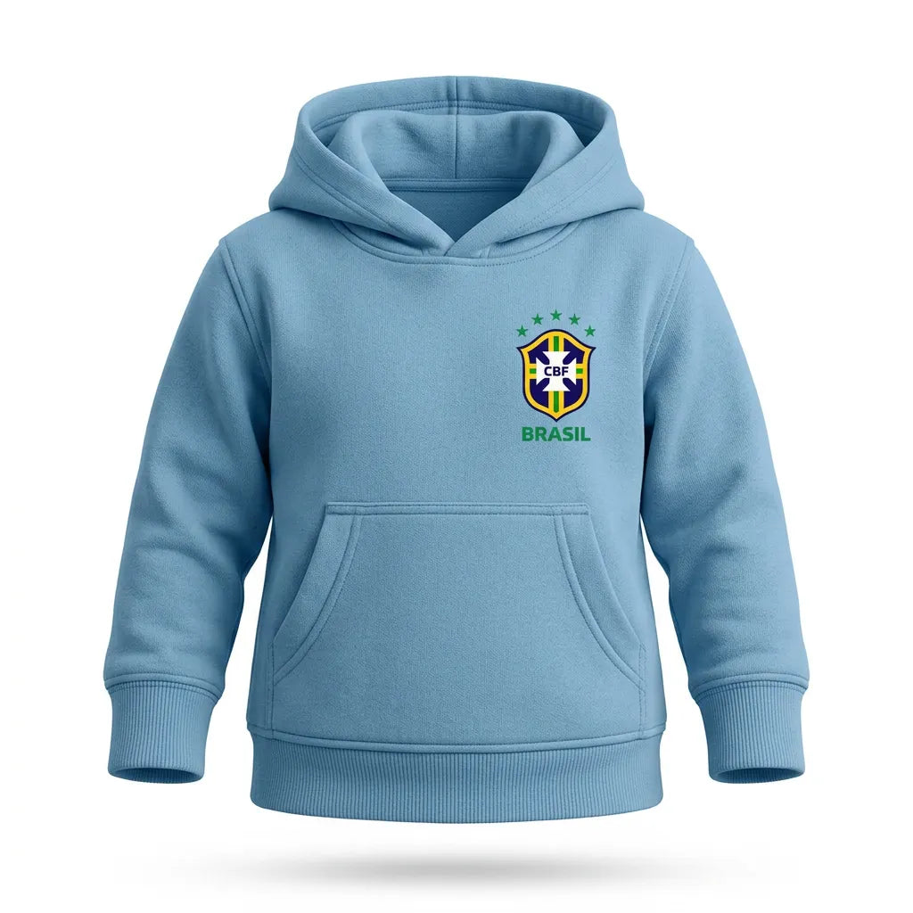 Moletom canguru infantil unissex brasil brasão azul — vista frontal — VAI DAR BRASIL Copa 2026