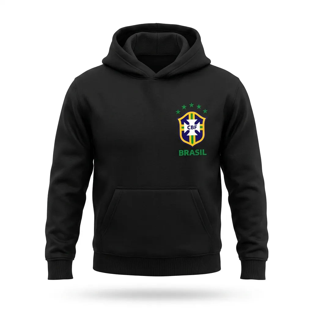 Moletom canguru infantil unissex brasil brasão preto — vista frontal — VAI DAR BRASIL Copa 2026